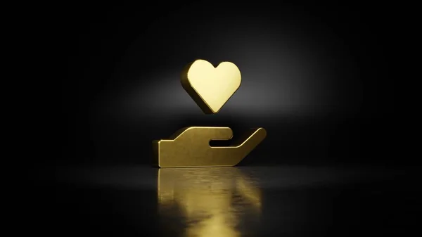 暗い背景を持つ床の上にぼやけた反射と手の心の3Dレンダリングの金の金属シンボル — ストック写真