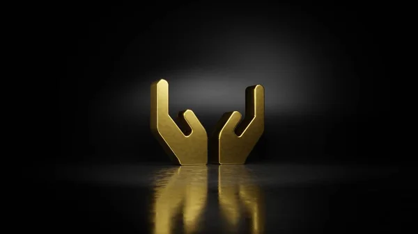 Guld metall symbol för händer 3D-rendering med suddig reflektion på golvet med mörk bakgrund — Stockfoto