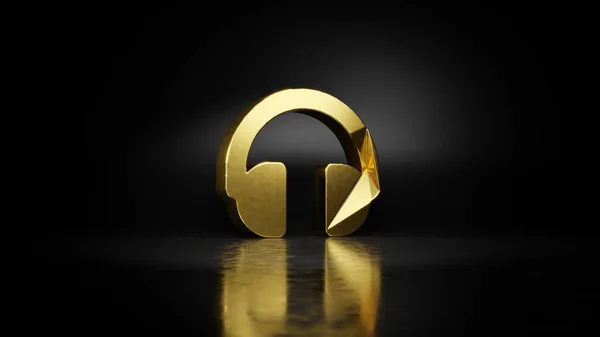 gold metal symbol of headphones 3D rendering with blurry reflection on floor with dark background
