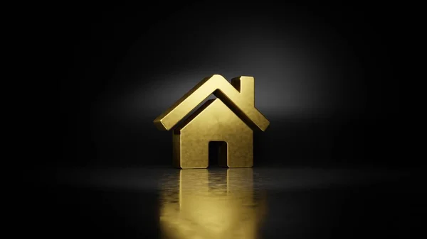 Arany fém szimbólum otthon 3d renderelés elmosódott tükröződés a padlón sötét háttér — Stock Fotó