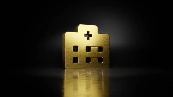 Gold metal symbol of hospital  3D rendering with blurry reflection on floor with dark background — Stock Photo, Image