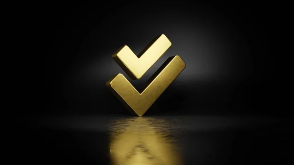 Gold metal symbol of check double 3D rendering with blurry reflection on floor with dark background — Stock Photo, Image