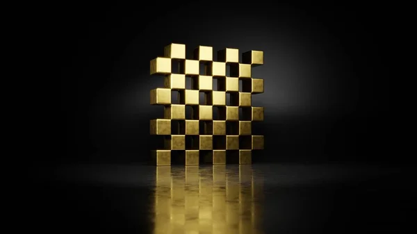 暗い背景を持つ床の上にぼやけた反射とチェスボード3Dレンダリングの金の金属シンボル — ストック写真