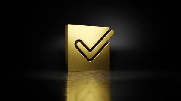 Золотий металевий символ перевірки 3D рендеринга з розмитим відображенням на підлозі з темним фоном — стокове фото