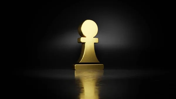 Gold metal symbol of chess pawn 3D rendering with blurry reflection on floor with dark background — Stock Photo, Image