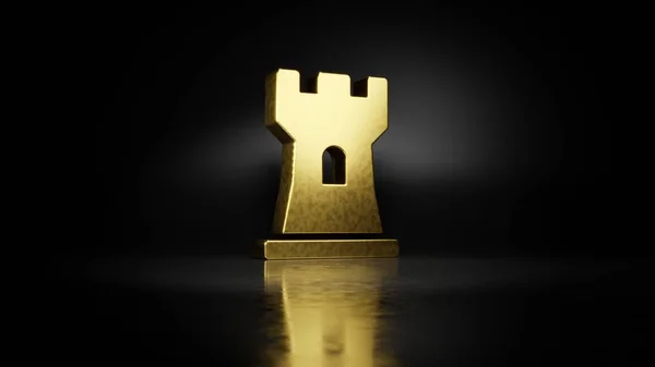 Χρυσό μεταλλικό σύμβολο του σκακιού rook 3d απόδοση με θολή αντανάκλαση στο πάτωμα με σκούρο φόντο — Φωτογραφία Αρχείου