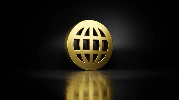 gold metal symbol of internet 3D rendering with blurry reflection on floor with dark background