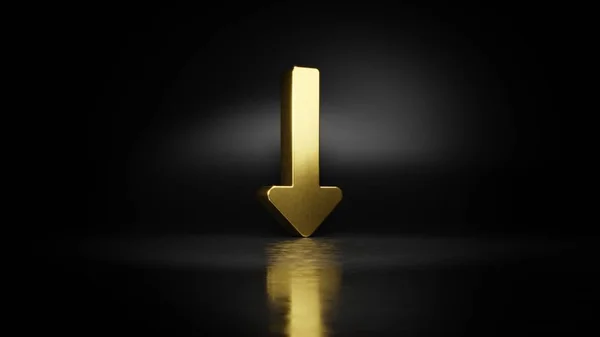 Gold metal symbol of long arrow down 3D rendering with blurry reflection on floor with dark background — Stock Photo, Image
