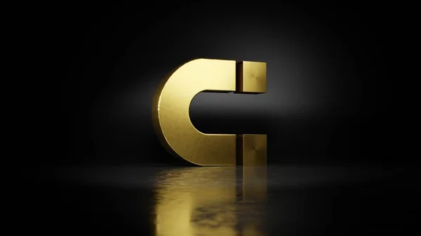 gold metal symbol of magnet 3D rendering with blurry reflection on floor with dark background