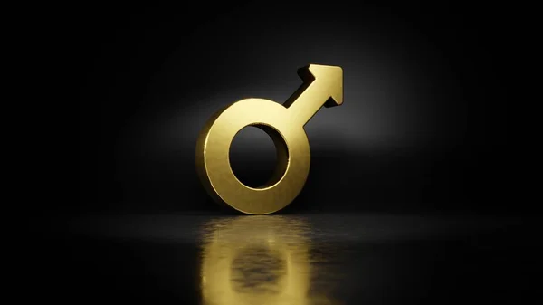 Gold metal symbol of mars 3D rendering with blurry reflection on floor with dark background — Stock Photo, Image