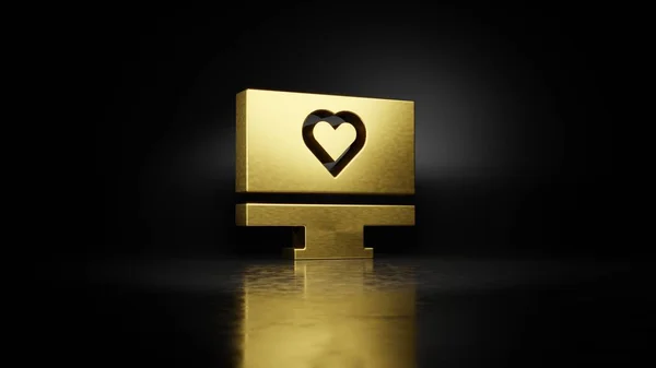 Золотой металлический символ монитора 3D рендеринга с размытым отражением на полу на темном фоне — стоковое фото