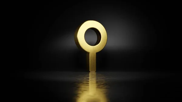 Gold metal symbol of neuter 3D rendering with blurry reflection on floor with dark background — Stock Photo, Image