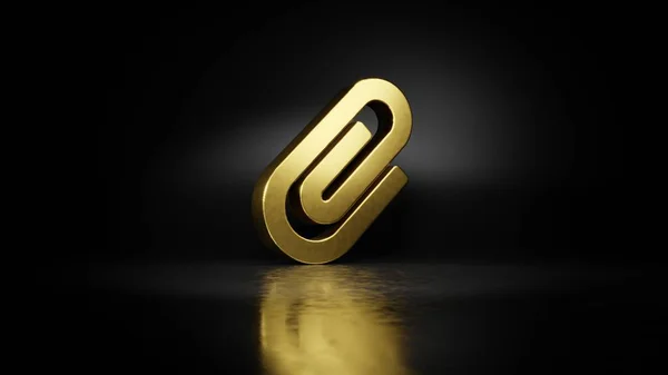 Gold metal symbol of paperclip 3D rendering with blurry reflection on floor with dark background — 스톡 사진