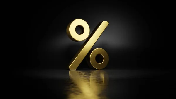 Gold metal symbol of percent 3D rendering with blurry reflection on floor with dark background — Stock Photo, Image