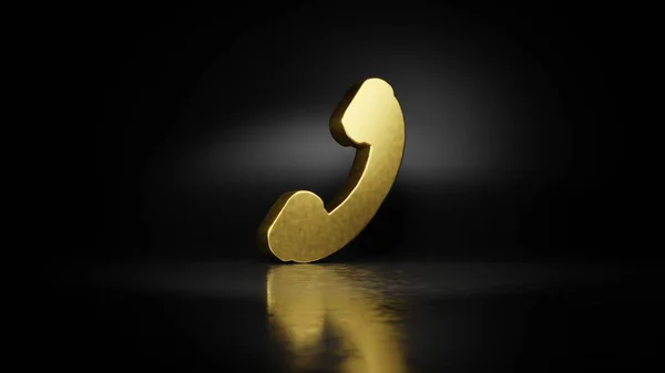 Zlatý kovový symbol telefonu 3D vykreslování s rozmazaným odrazem na podlaze s tmavým pozadím — Stock fotografie