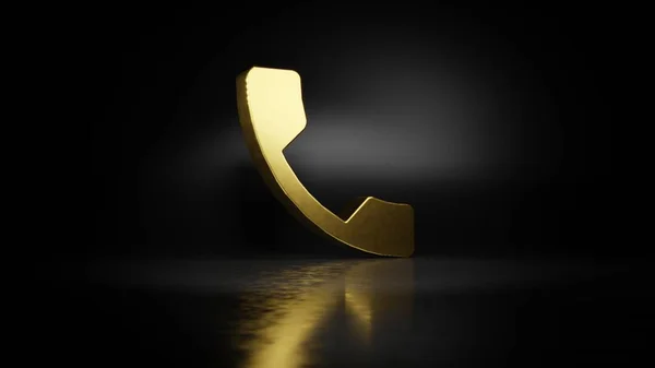 Metallo oro simbolo di chiamata telefonica pulsante rendering 3D con riflesso sfocato sul pavimento con sfondo scuro — Foto Stock