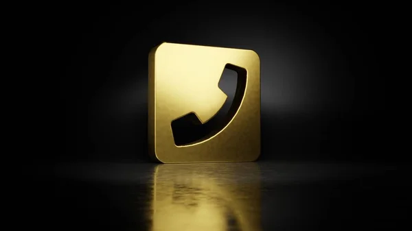 gold metal symbol of phone square 3D rendering with blurry reflection on floor with dark background