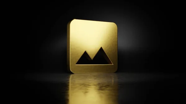 Gold metal symbol of photo  3D rendering with blurry reflection on floor with dark background — Stock Photo, Image