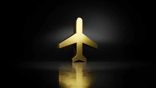 Gold metal symbol of plane 3D rendering with blurry reflection on floor with dark background — Stock Photo, Image