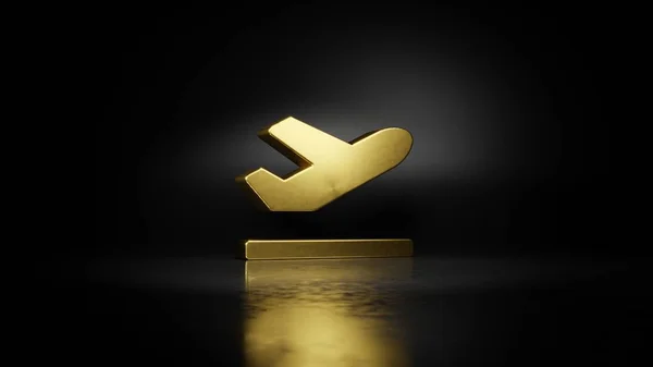 Gold Metall Symbol des Abflugs 3D-Rendering mit verschwommener Reflexion auf dem Boden mit dunklem Hintergrund — Stockfoto