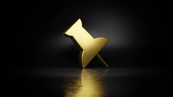 Gold metal symbol of push pin 3D rendering with blurry reflection on floor with dark background — Stock Photo, Image