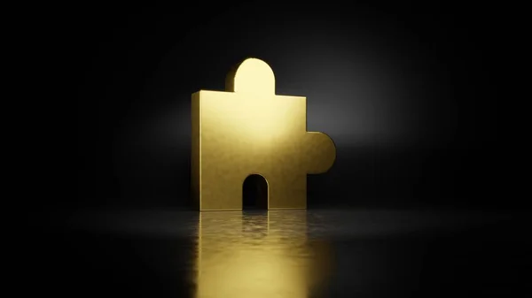 Metallo oro simbolo di puzzle 3D rendering con riflesso sfocato sul pavimento con sfondo scuro — Foto Stock