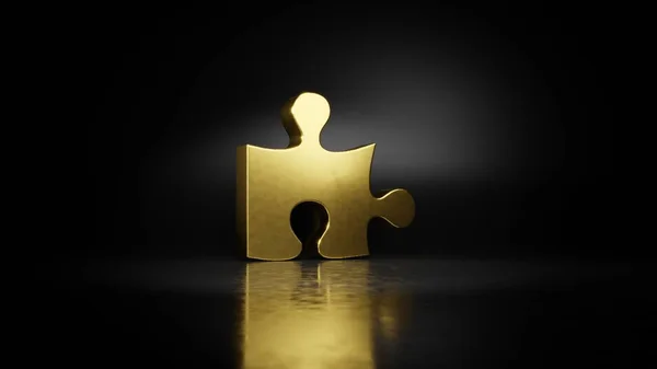 Símbolo de metal dorado de la pieza del rompecabezas representación 3D con reflejo borroso en el suelo con fondo oscuro —  Fotos de Stock
