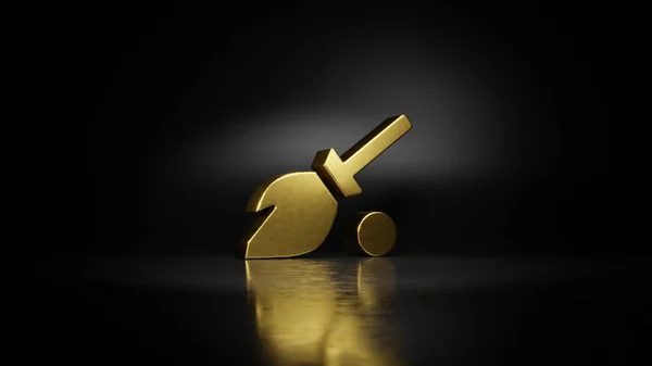 暗い背景を持つ床の上にぼやけた反射とクイディッチ3Dレンダリングの金の金属シンボル — ストック写真