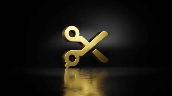 gold metal symbol of scissors 3D rendering with blurry reflection on floor with dark background