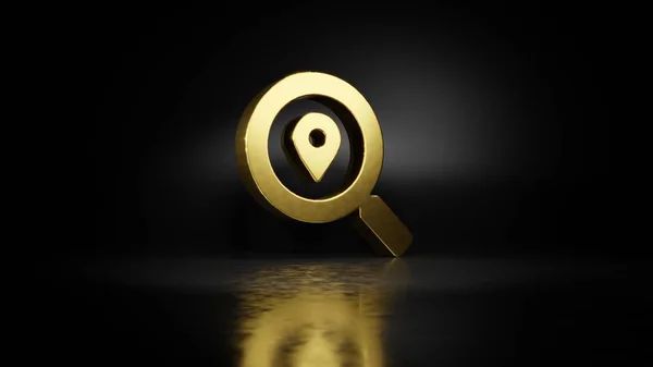 Zlatý kovový symbol umístění vyhledávání 3D vykreslování s rozmazaným odrazem na podlaze s tmavým pozadím — Stock fotografie