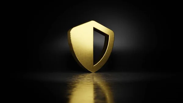 Gold metal symbol of shield  3D rendering with blurry reflection on floor with dark background — Stock Photo, Image