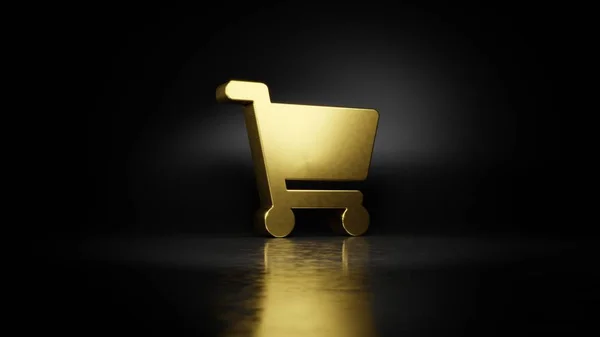 Gold metal symbol of shopping cart 3D rendering with blurry reflection on floor with dark background — Stock Photo, Image