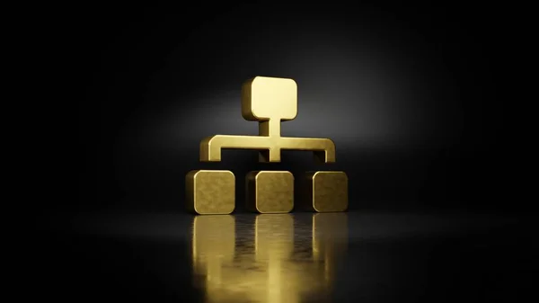 Gold metal symbol of sitemap 3D rendering with blurry reflection on floor with dark background — Stock Photo, Image