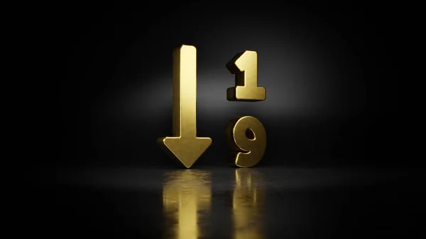 Símbolo de metal dorado de tipo numérico hacia abajo representación 3D con reflejo borroso en el suelo con fondo oscuro —  Fotos de Stock
