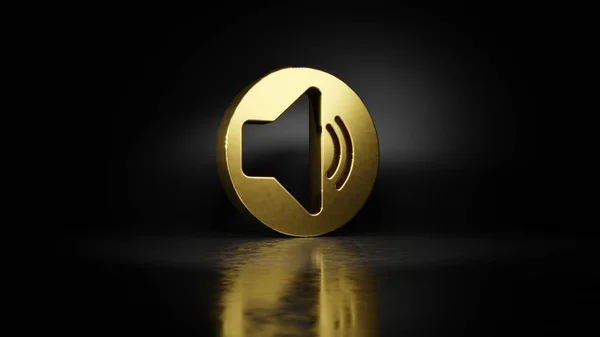 Gold Metall Symbol der Lautsprecher 3D-Wiedergabe mit verschwommener Reflexion auf dem Boden mit dunklem Hintergrund — Stockfoto