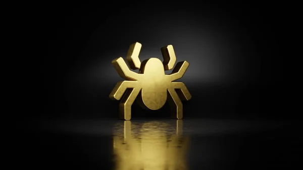 Zlatý kovový symbol pavouka 3D s rozmazaným odrazem na podlaze s tmavým pozadím — Stock fotografie