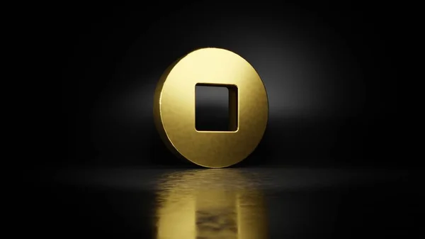 Gold metal symbol of stop circle 3D rendering with blurry reflection on floor with dark background — Stock Photo, Image