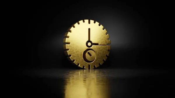 Gold metal symbol of stopwatch 3D rendering with blurry reflection on floor with dark background — Stock Photo, Image