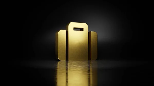 Gold metal symbol of suitcase 3D rendering with blurry reflection on floor with dark background — Stock Photo, Image