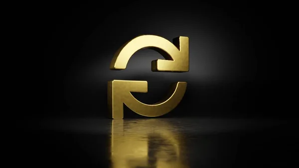 Złoty metalowy symbol renderowania sync 3d z rozmytym odbiciem na podłodze z ciemnym tłem — Zdjęcie stockowe