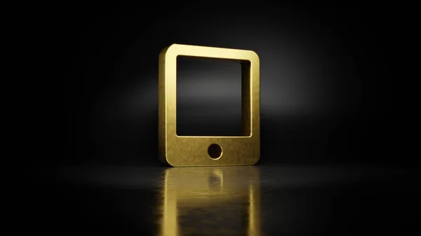 Gold metal symbol of tablet alt 3D rendering with blurry reflection on floor with dark background — Stock Photo, Image