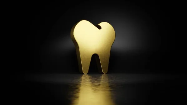gold metal symbol of tooth 3D rendering with blurry reflection on floor with dark background