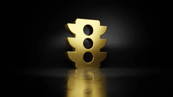 Gold metal symbol of traffic light 3D rendering with blurry reflection on floor with dark background — Stock Photo, Image