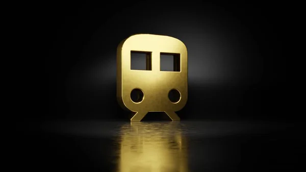 Gold metal symbol of train 3D rendering with blurry reflection on floor with dark background — Stock Photo, Image