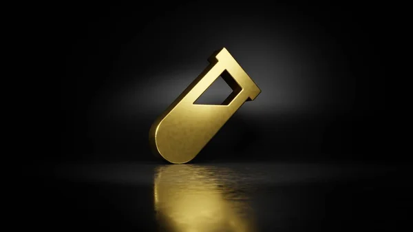 Símbolo de metal dorado de la representación 3D vial con reflejo borroso en el suelo con fondo oscuro —  Fotos de Stock