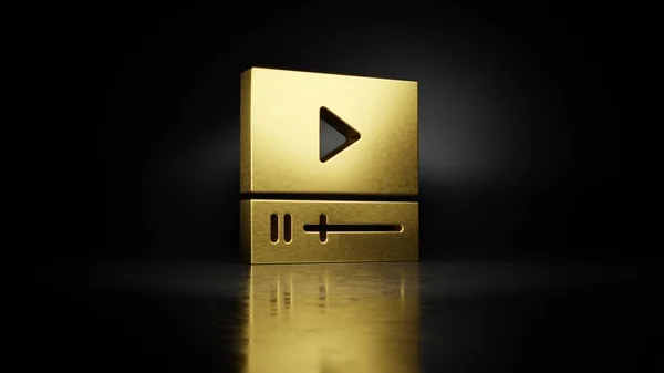 gold metal symbol of video player  3D rendering with blurry reflection on floor with dark background