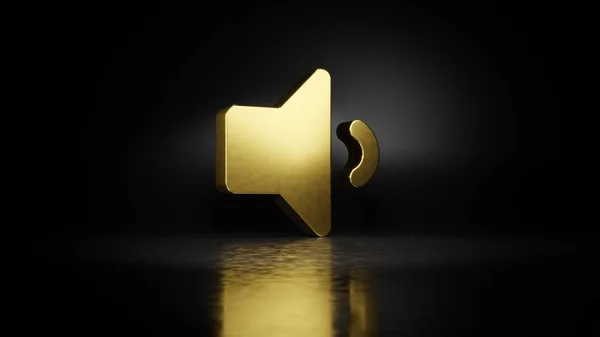 Gold metal symbol of volume down 3D rendering with blurry reflection on floor with dark background — Stock Photo, Image