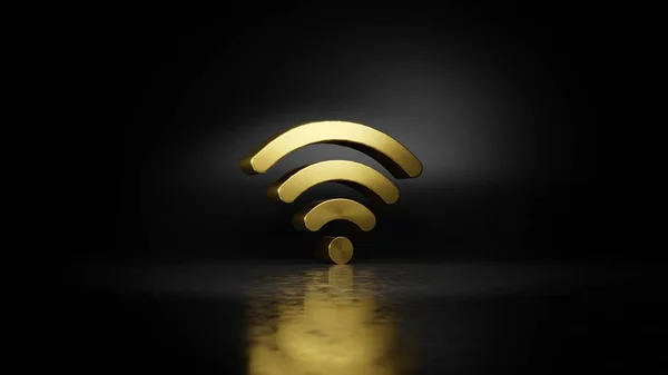 Símbolo de metal dorado de Wi-Fi 1 representación 3D con reflejo borroso en el suelo con fondo oscuro — Foto de Stock