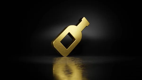 Gold metal symbol of wine bottle 3D rendering with blurry reflection on floor with dark background — Stock Photo, Image