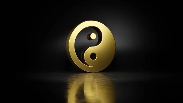 gold metal symbol of yin yang 3D rendering with blurry reflection on floor with dark background